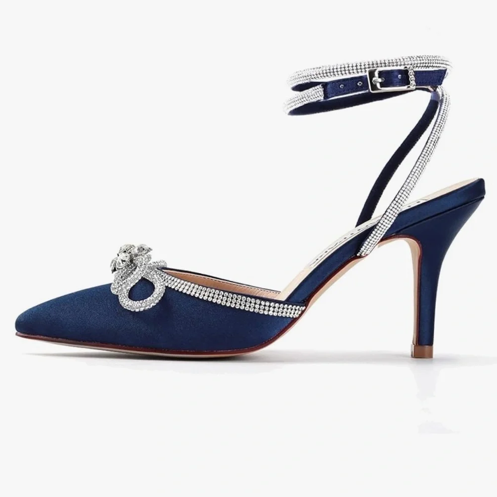 Blue and Silver Stiletto Heels with Rhinestone Embellishments